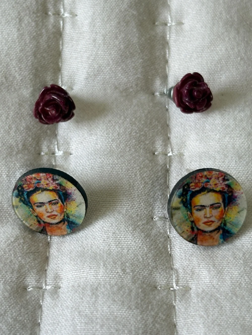 Frida Kahlo Portrait Stud Earrings & Rose Studs Bundle Set